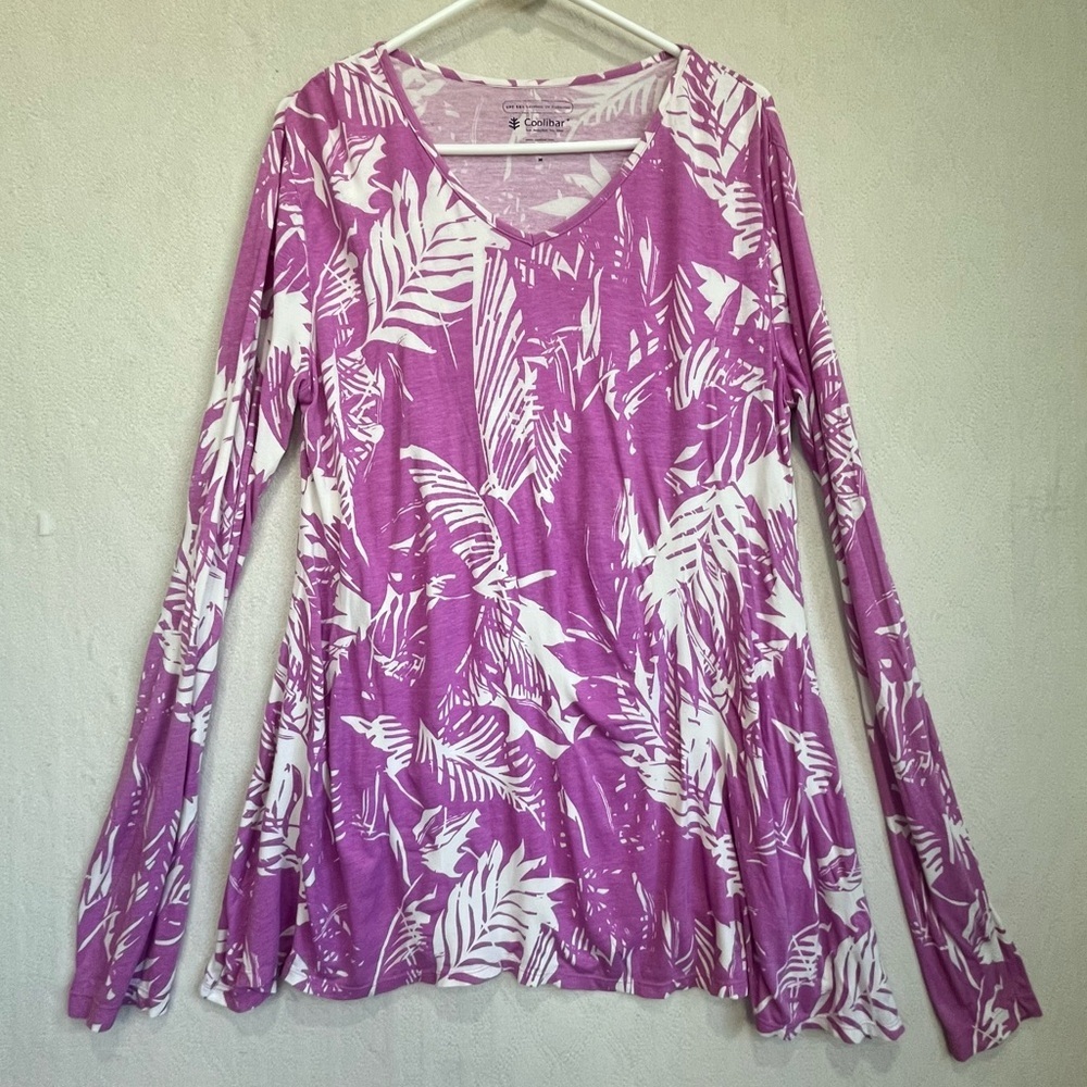 Coolibar UPF 50+ Sun Shirt Tunic Asymmetrical Hem Sz M Oversized Tropical Bamboo